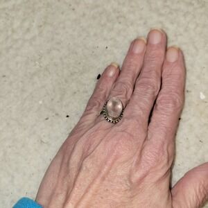 925 Sterling Silver Oval Rose Quartz Ring Beaded Bezel Setting Size 9